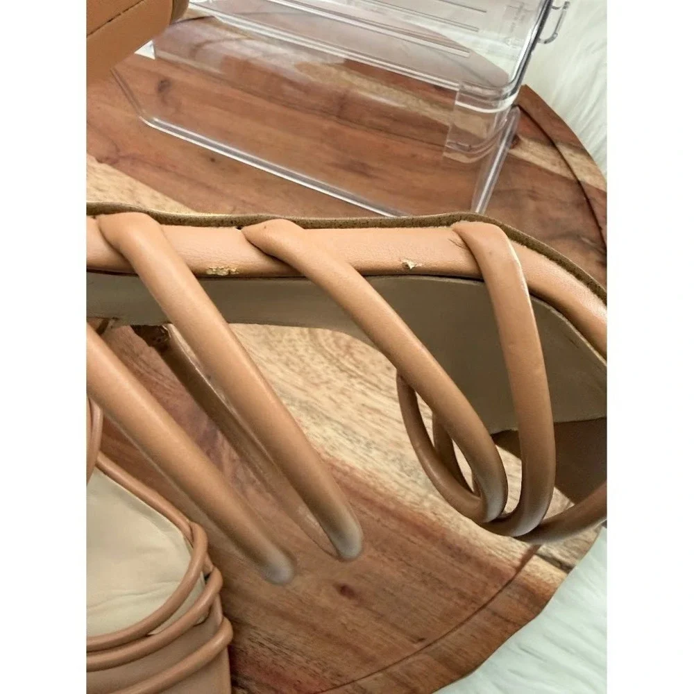 Nine West Tan Strappy Block Heel Square Toe Sandals Mules Womens 7.5M